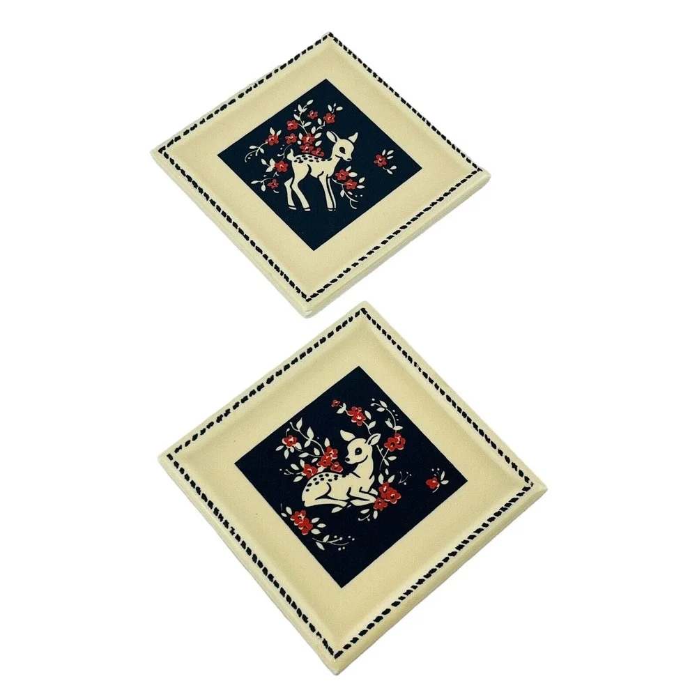 Vintage Kemptone Deer Tile‎ Set of 2 Ivory Blue Pink Flowers 4x4 Original Box